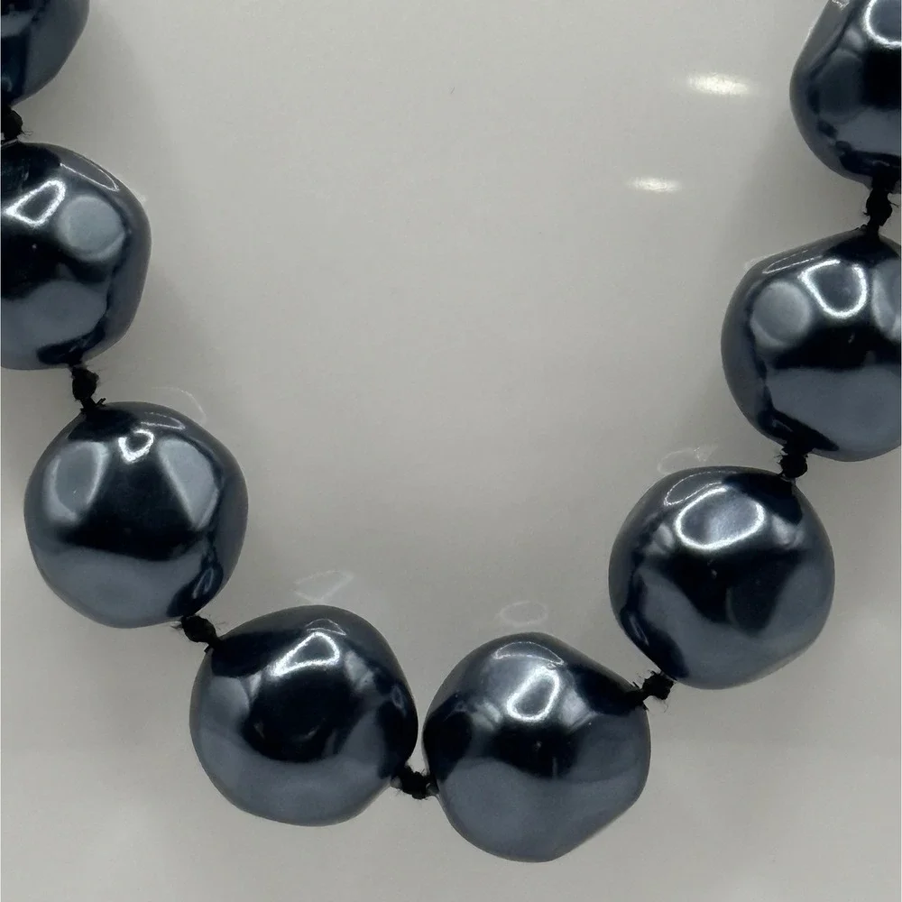 Marvella Vintage Knotted Baroque Faux Pearl Necklace Midnight Blue Graduated 16